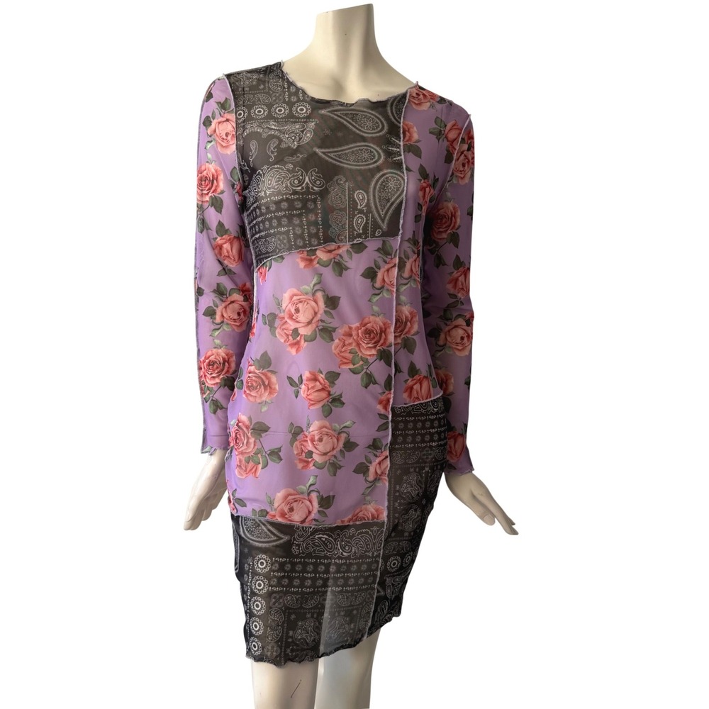 SHEIN Curve Mesh Patchwork Floral Paisley Bodycon Dress Purple Indie Sleaze 0XL